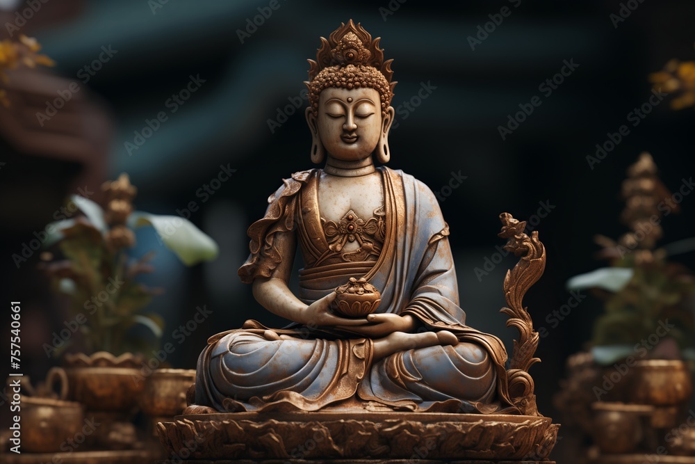 Buddha statue sitting in meditation in lotus position on beautiful background with blurred focus.