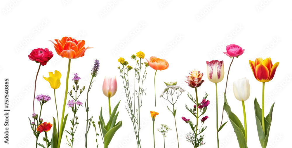 Different flowers of a meadow with grass in a row  isolated on transparent
