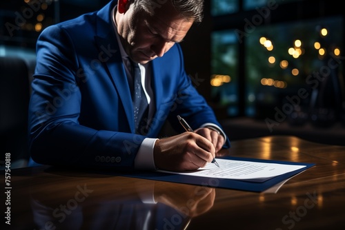 A businessman in a business suit sits at the table and signs important documents.