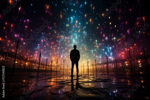 A man stands in delight in front of bright multi-colored lights that illuminate the night sky with flashes of color and light.