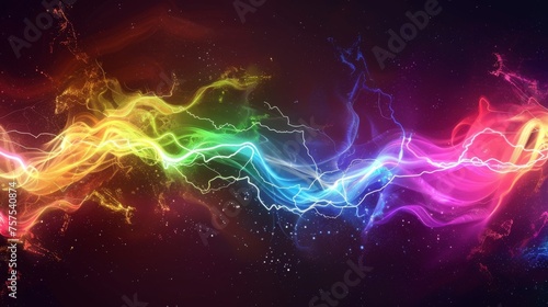 Energy and power concept with lightning bolts and electric arcs on a black background with rainbow colors