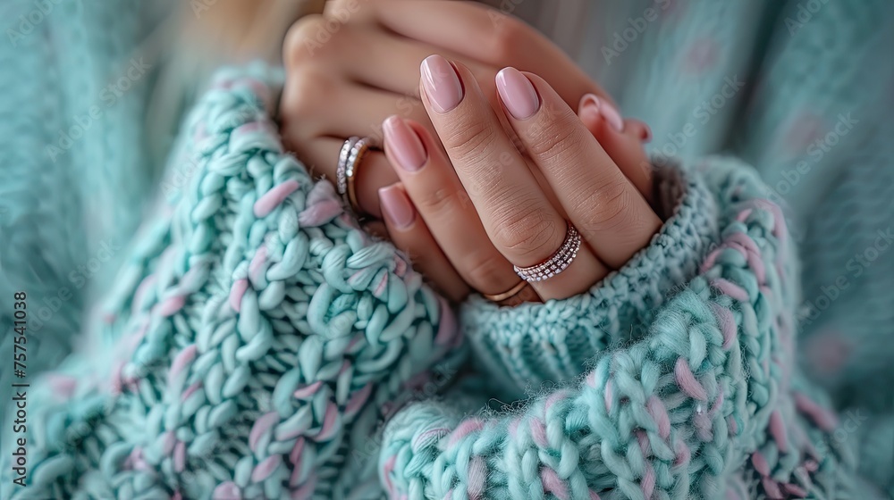 Female hands with pink nail design. Glitter pink nail polish manicure. Female hands with pink nail design. Glitter pink nail polish manicure.