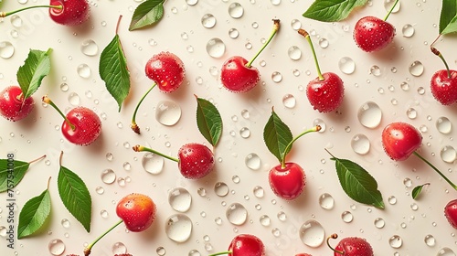 Fresh red cherries with water droplets on surface for summer refreshment. Juicy cherries with leaves laid out for healthy eating concept. Vibrant cherry fruit pattern with droplets for food decoration