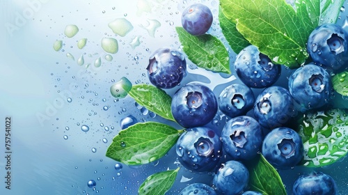 Fresh blueberries with water droplets in bright light. Ripe blueberries close-up with fresh green leaves. Juicy blueberries with dew for healthy eating.