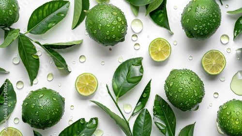 Hydrated lime fruits and leaves top view on white. Fresh green limes with water drops for refreshing recipes. Juicy citrus fruits with vivid leaves for a natural background. photo