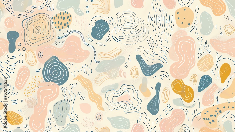 Abstract seamless pattern with pastel colored shapes and lines. Playful and modern design. Perfect for backgrounds, wallpapers, and fabric.