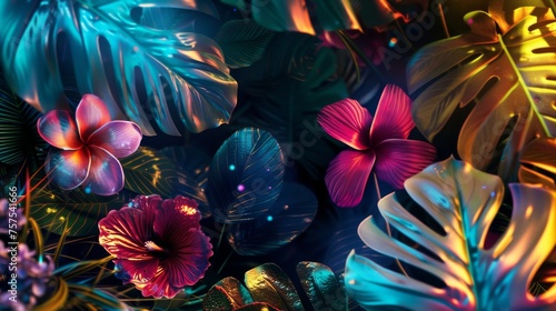 Exotic tropical leaves and flowers on a black background with rainbow lighting effects.