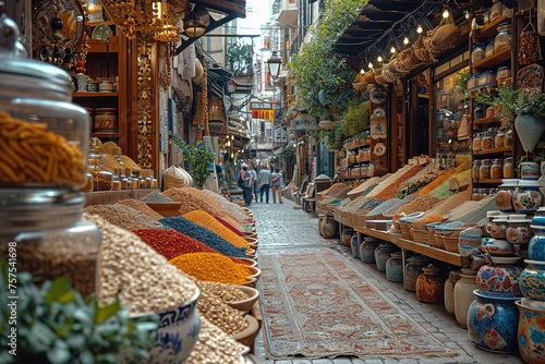 Illustrate a bustling street market in Istanbul with vendors selling spices, rugs, and ceramics