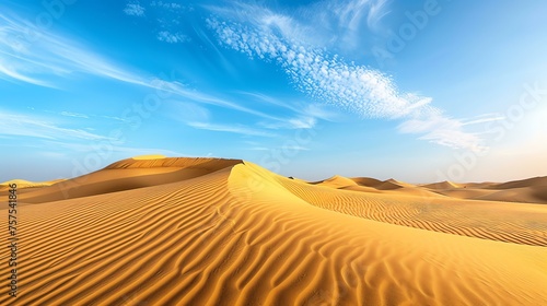 This is a beautiful landscape photograph of a vast desert with undulating sand dunes and a clear blue sky with sparse clouds.