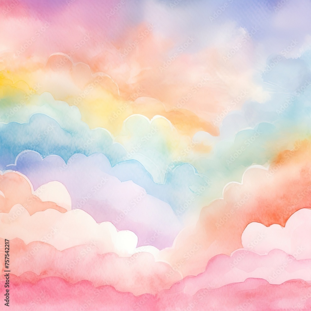 Fluffy delicate cloud shapes with gradient rainbow colors, watercolor background for kids room decor, banner, pastel art illustration Generative AI