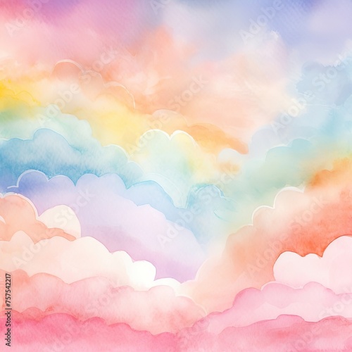 Fluffy delicate cloud shapes with gradient rainbow colors, watercolor background for kids room decor, banner, pastel art illustration Generative AI