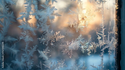 Close-up of frost and ice crystals on a window pane with a warm, glowing light in the background. © stocker
