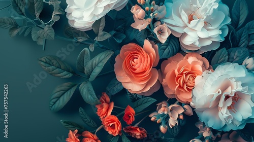 This is an image of a beautiful floral arrangement. The flowers are mostly white, pink, and orange, with some green leaves.