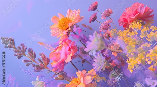 An ethereal and vibrant floral arrangement with a variety of flowers in shades of pink  yellow  and purple.