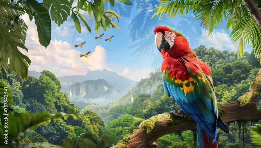 Colorful parrot perched on a tree branch in a lush green jungle landscape depicting the Amazon rainforest accurately with trees and mountains in the background in a horizontal view Generative AI - obrazy, fototapety, plakaty 