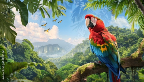 Colorful parrot perched on a tree branch in a lush green jungle landscape depicting the Amazon rainforest accurately with trees and mountains in the background in a horizontal view Generative AI © SKIMP Art