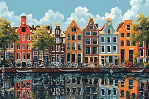 This whimsical illustration captures Amsterdam's unique charm with bicycles, colorful houses along the canals, and vibrant life reflecting in the tranquil waters, showcasing the city's beauty