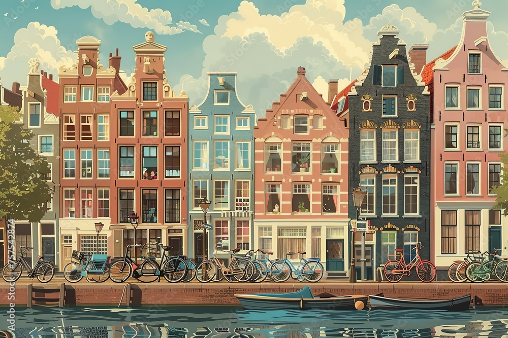 This whimsical illustration captures Amsterdam's unique charm with bicycles, colorful houses along the canals, and vibrant life reflecting in the tranquil waters, showcasing the city's beauty