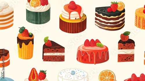 A seamless pattern of various cakes and slices of cake.