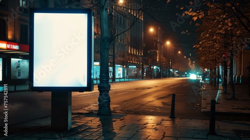 An empty billboard at night on a city street with a blurry background of cars driving on the road.