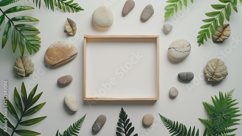 leaves, stones, and wood, providing an empty canvas for an advertising card or invitation with the concept of nature, summer poster aesthetic, presented in a flat lay composition.
