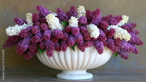 a white vase filled with lots of purple and white flowers on top of a wooden table next to a wall. photo