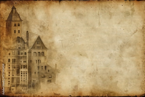 Fantasy castle illustration on old craft paper with grunge texture.