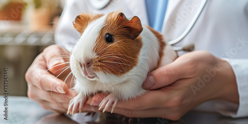 Veterinarian holding a guinea pig for a checkup, medical examination for small pets