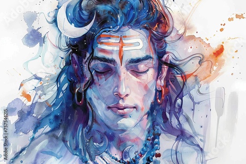 This enchanting watercolor illustration captures Lord Shiva's transcendental nature, featuring him in meditation with symbols like the trident and Ganga, radiating spiritual energy and wisdom photo