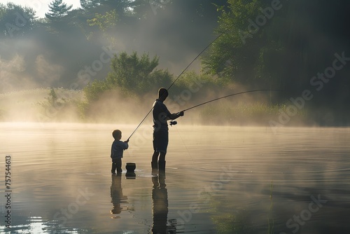 Silhouette of Father and Son Fishing at the River in the Morning: Spending Quality Time Together and the Role of Fathers in Raising Sons.