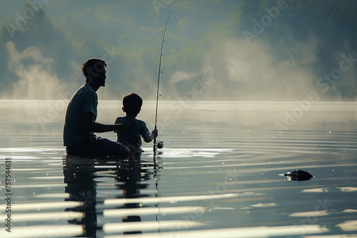 Silhouette of Father and Son Fishing at the River in the Morning: Spending Quality Time Together and the Role of Fathers in Raising Sons.