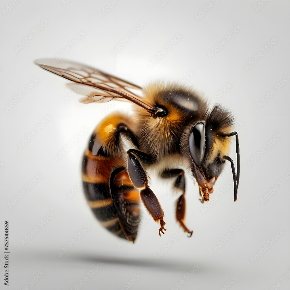 Close-Up Ballet. Graceful Bee in Flight, Showcased Against a Pure White Isolation Close-Up Ballet. Graceful Bee in Flight, Showcased Against a Pure White Isolation