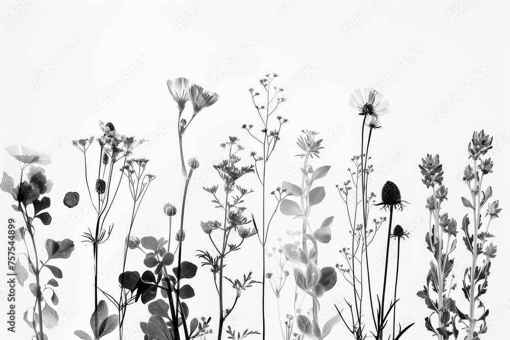 Monochrome botanical floral pattern with various flowers. A seamless, elegant black and white floral pattern featuring assorted blooming flowers and foliage, perfect for a variety of design uses. - obrazy, fototapety, plakaty 
