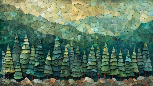  A forest of pine trees, made from various shades and shapes of green in the style of mosaic art.  photo