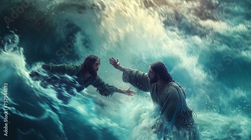 Jesus reaches out to Peter amidst turbulent waves, symbolizing faith overcoming fear, with copy space photo