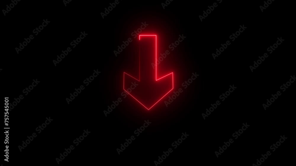 Neon arrow glowing. Directional sign arrow points to the down. Vector sign logo with glowing colors. Neon arrow glowing. Directional sign arrow points to the down. Vector sign logo with glowing colors.