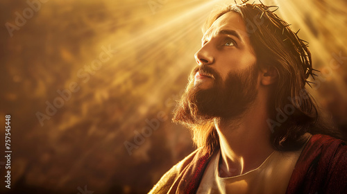 Jesus illuminated with divine glory, inspiring hope in His divine mission and resurrection, with copy space