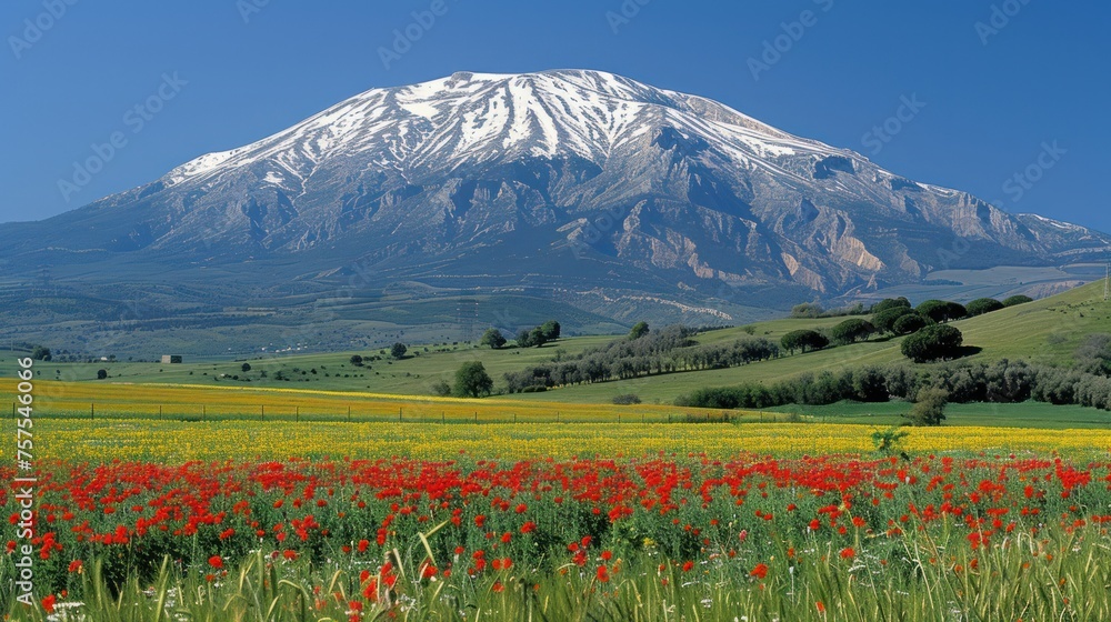 a large mountain is in the distance with a field of flowers in the foreground and a field of wildflowers in the foreground.