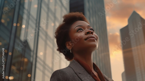 Black Businesswoman Reflecting on Wealth and Opportunity Amid Urban Skyscrapers at Sunset