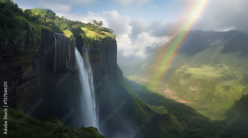 Waterfall landscape with a rainbow
