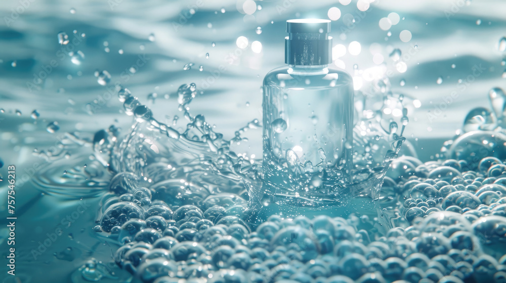 Oceanic Beauty Concept, Bottle of Care Product Engulfed in Sea Foam and Light Oceanic Beauty Concept, Bottle of Care Product Engulfed in Sea Foam and Light