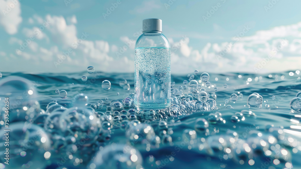 Oceanic Beauty Concept, Bottle of Care Product Engulfed in Sea Foam and Light Oceanic Beauty Concept, Bottle of Care Product Engulfed in Sea Foam and Light