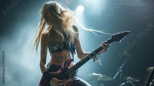 a young gorgeous female musician woman guitarist with long hair performing a show on stage at a rock concert with stage lights doing music