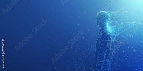 Online customer support. Low-poly wireframe design. Chatbot, isometric robot. infographics featuring the entire center. Isolated abstract on a blue backdrop.