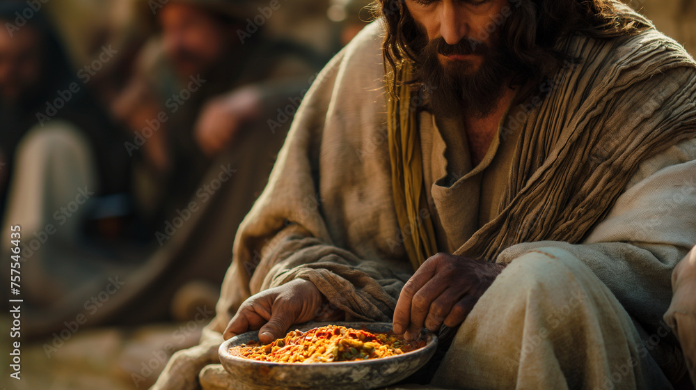 Highlighting Jesus’ provision, ensuring no one is left hungry, a symbol of hope and sustenance, with copy space