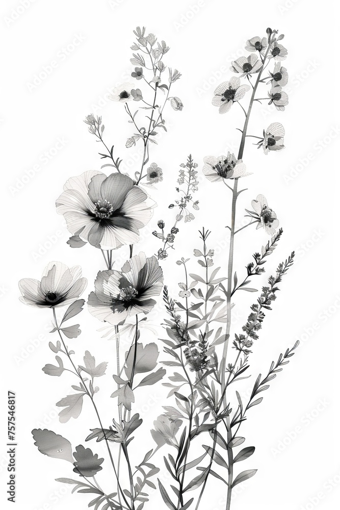 Naklejka premium Monochrome botanical floral pattern with various flowers. A seamless, elegant black and white floral pattern featuring assorted blooming flowers and foliage, perfect for a variety of design uses.