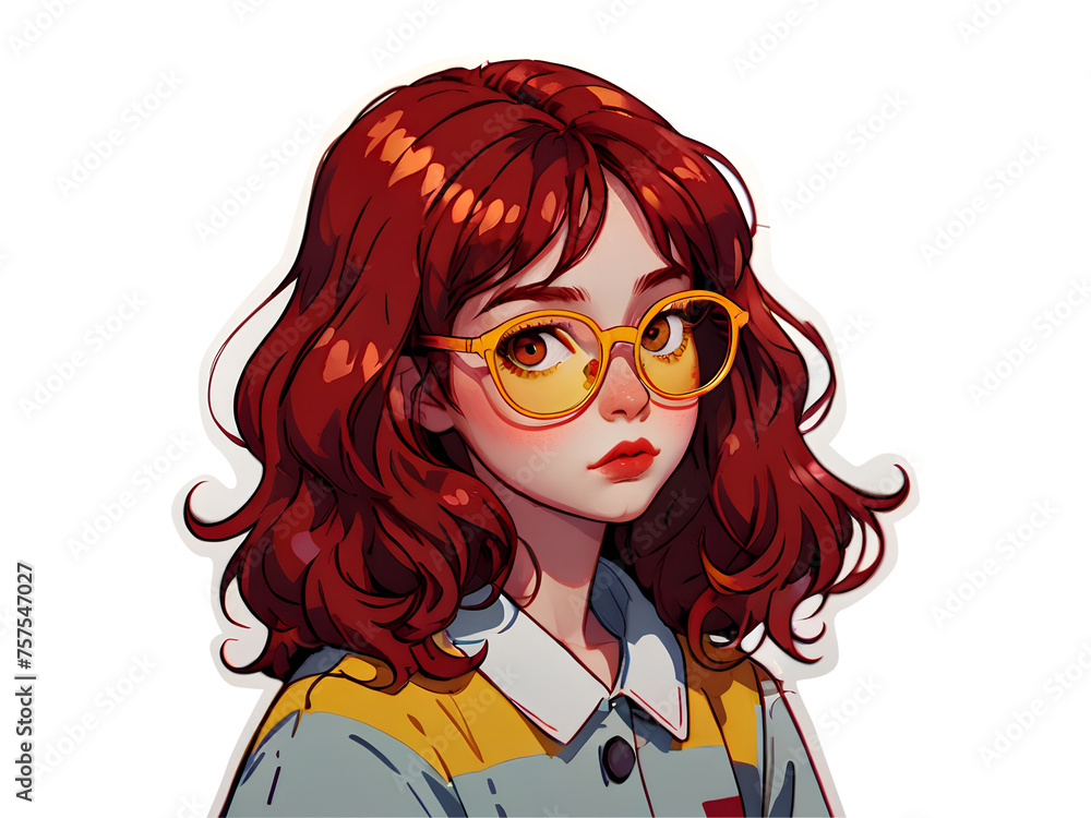 Beautiful cartoon anime girl with dark red hair and yellow glasses sticker with white border Beautiful cartoon anime girl with dark red hair and yellow glasses sticker with white border