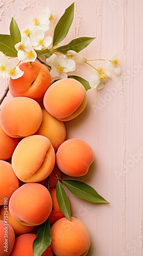 Spring flowers and apricot fruits on light background, apricot crush and peach color concept