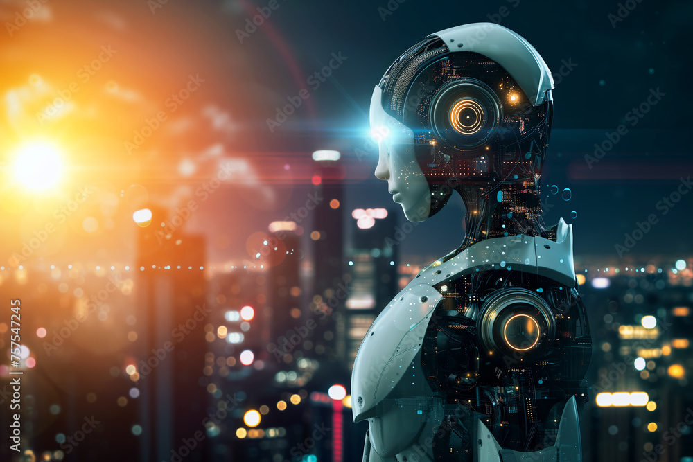 Humanoid robot with illuminated eyes overlooking a city at sunset