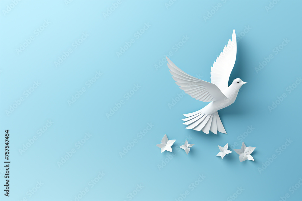 White paper origami bird on blue background сreated with Generative Ai White paper origami bird on blue background сreated with Generative Ai